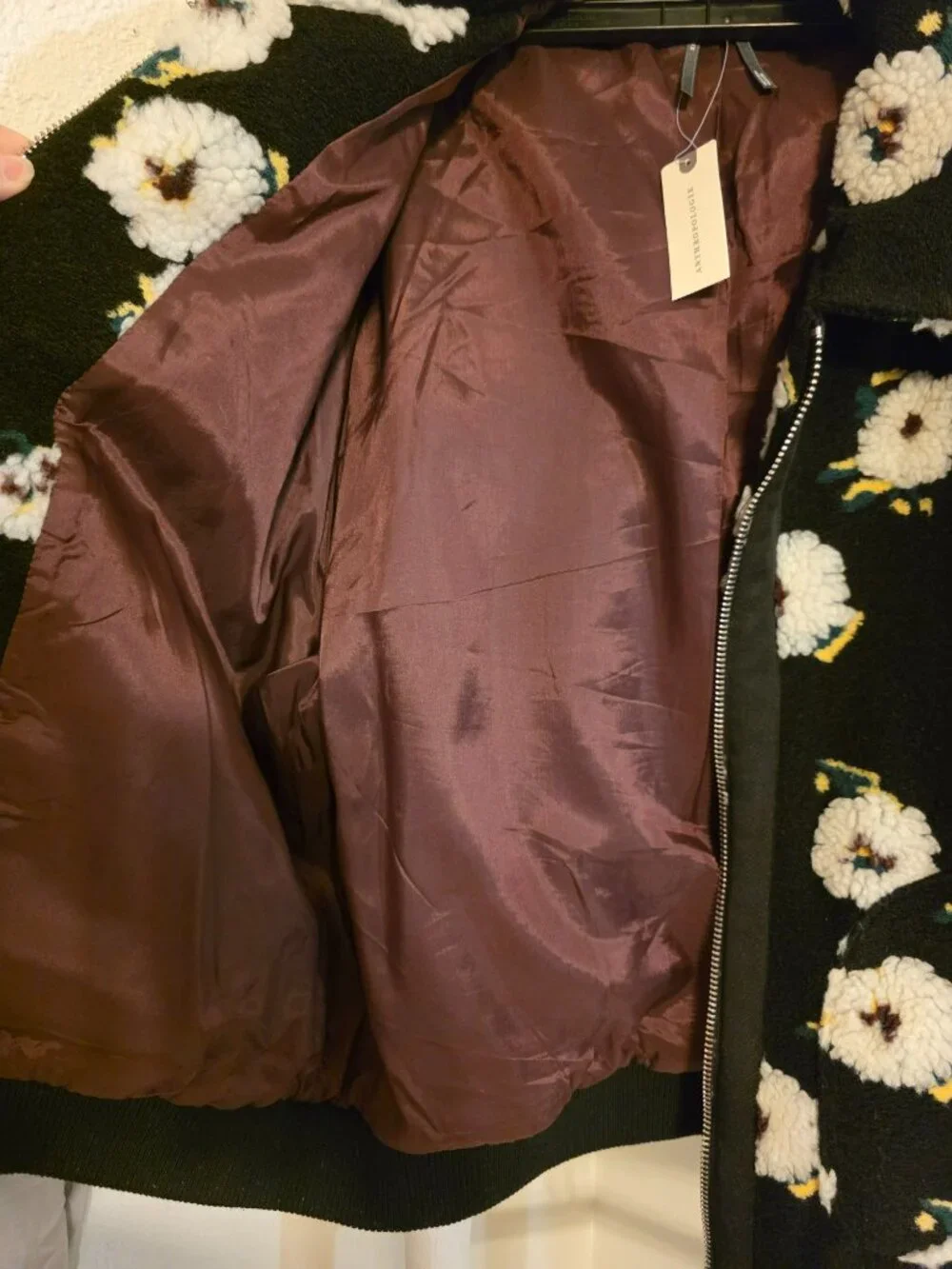 NWT Anthropologie Floral Sherpa Fleece Bomber Jacket Black White Daisy Medium M